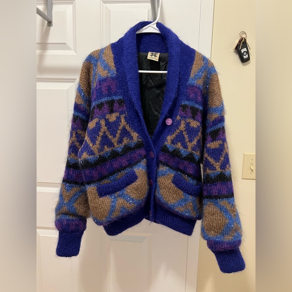 Purple mohair wool hand knit cardigan sweater